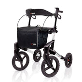 Topro Olympos All Terrain Rollator, foldable with four large wheels, hand brakes and front storage bag, front view.