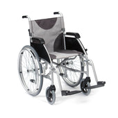 13kg ultra lightweight self-propel wheelchair with large rear wheels and footrests, side view.