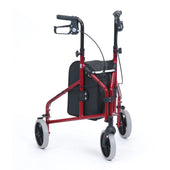 3-wheel aluminium walker with black handles, front brake and storage pouch, front view.