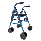 Uniscan Cadet rollator with four wheels, padded seat and black handles for mobility aid, front view.
