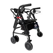 Uniscan Glider Plus Adjustable Rollator folded with four wheels, hand brakes and storage pouch, side view.