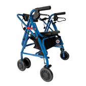 Uniscan Glider Plus Adjustable Rollator with four wheels, black handles, foldable backrest and storage pouch, front view.