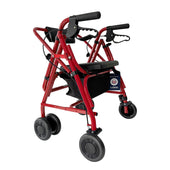 Uniscan Glider Plus Adjustable Rollator with four black wheels, padded handles, seat, folding backrest and pouch, front view.