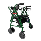 Uniscan Glider Plus Adjustable Rollator with four wheels, black handles, seat and storage pouch, folded position, side view.