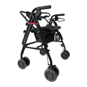 Uniscan Grand Glider Plus four-wheel rollator with wide seat and storage pouch, front view.
