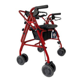 Uniscan Grand Glider Plus Rollator with padded seat, storage pouch, handlebars and four wheels on white background, front view.