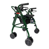 Uniscan Grand Glider Plus rollator with 4 wheels, hand brakes, wide cushioned seat and storage pouch, side view.