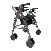 Uniscan Grand Glider Plus Rollator with four wheels, hand brakes, padded seat and black storage pouch, side view.
