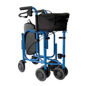 Blue Uniscan Triumph Plus Triwalker with four wheels, black storage bag and folding frame, shown folded up from the side.