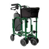 Uniscan Triumph Plus Triwalker with four wheels, seat, black storage bag, shown folded compact for storage, side view.
