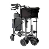 Uniscan Triumph Plus Triwalker with three wheels, black bag, padded seat and folding frame, side view.