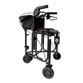 Uniscan Triumph Triwalker with four wheels, hand brakes, seat and storage pouch, side view.