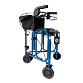 Uniscan Triumph Triwalker, lightweight foldable walker with 4 wheels, black seat, handlebars and storage pouch, side view.