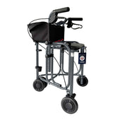Uniscan Triumph Triwalker with four wheels, hand brakes, seat, and front black storage bag front view.