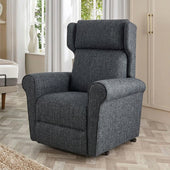 Opera Beds Vionna Dual Motor Riser Recliner Chair in a modern living room with light wood flooring and curtains, front view.