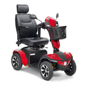 Drive Viper Scooter with adjustable padded seat, armrests, headrest, basket and four wheels, side view.