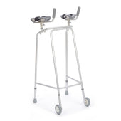 Trulife wheeled gutter walking frame with padded forearm supports, mobility aid, front view.
