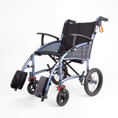 Urathon Yo-Yo full suspension wheelchair, lightweight folding frame, self-propelled with footrests and large rear wheels, side view.