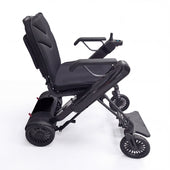 Urathon Zeus Auto-Folding Powerchair, foldable with armrests, footrest, rear-wheel drive, lightweight design, side view.
