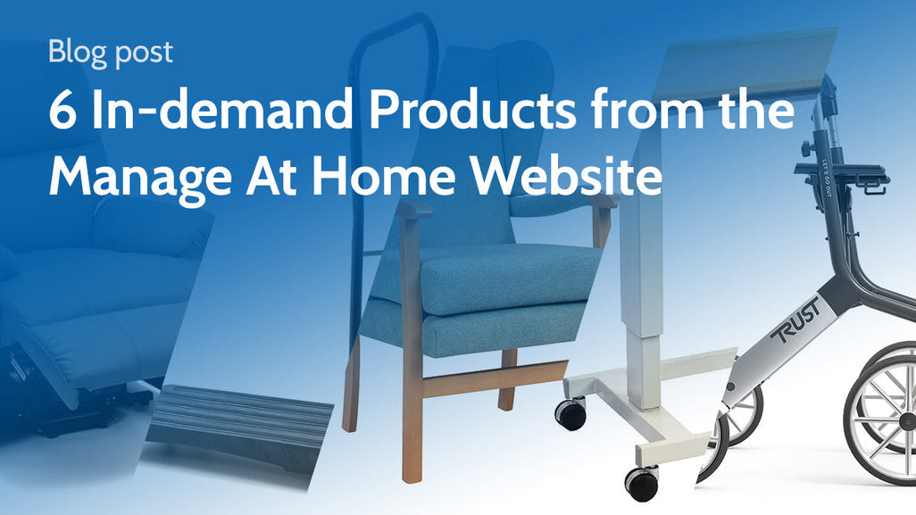A collage showing a blue lift chair, ramp, overbed table, and mobility scooter with text about popular home mobility products.