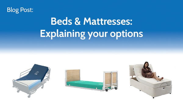 Beds & Mattresses: Explaining your options on blue. Images: hospital bed, green folded bed, wooden bed, woman on mattress.