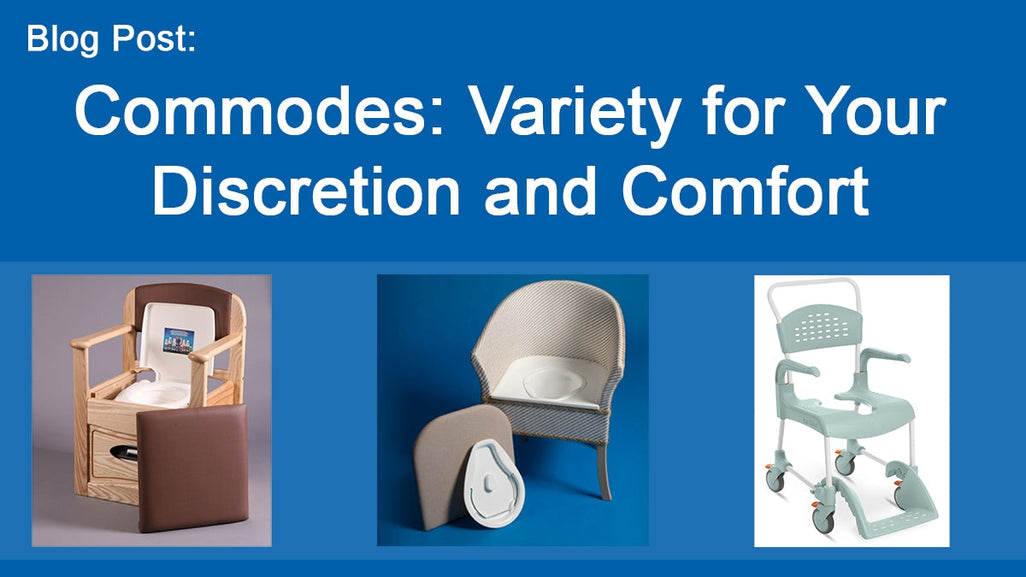 Image shows three commodes: wooden with storage, wicker chair style, and modern with wheels and backrest; title highlights variety.