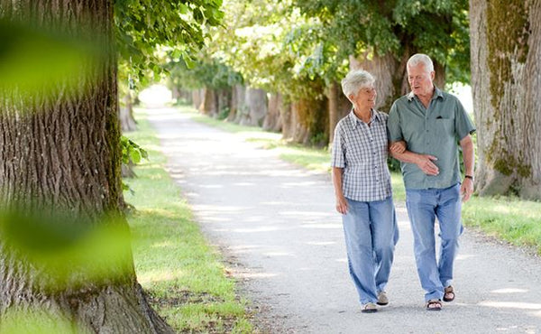 An elderly couple walks arm in arm down a tree-lined path. The man wears a green shirt, the woman a plaid shirt; sunlight filters through leaves.