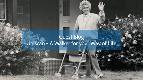 An elderly person waves while standing with a walker in a garden, with a large bag beside it. Text reads, Guest Blog - Uniscan.