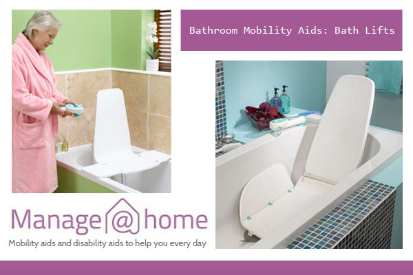 An elderly person in a pink robe stands by a bathtub with a white bath lift, highlighting bathroom mobility aids.