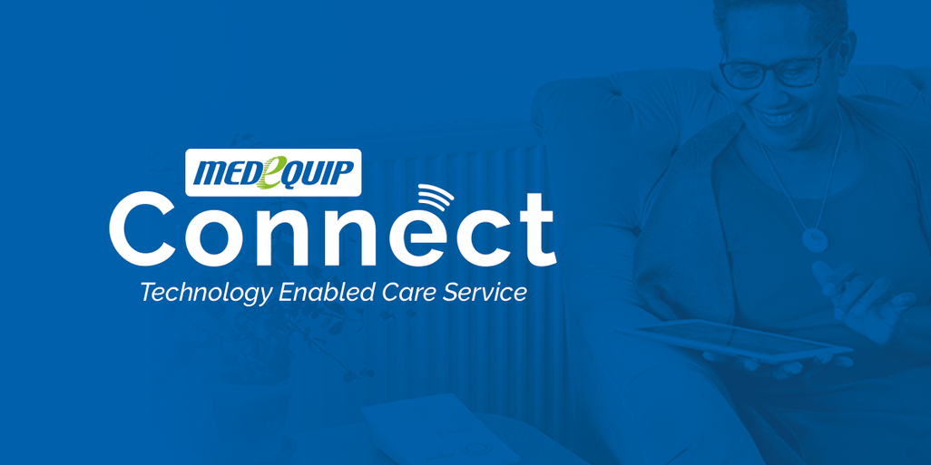 A person smiling while using a tablet on a couch. Text: MEDIQUIP Connect: Technology Enabled Care Service.
