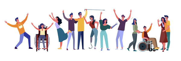 A diverse group joyfully dances with raised arms; some use wheelchairs or mobility aids, creating an inclusive atmosphere.