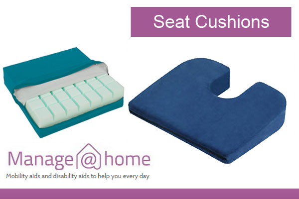 Two seat cushions: left is teal with foam sections, right is blue with a U-shaped cutout. Text: Seat Cushions and Mobility aids.