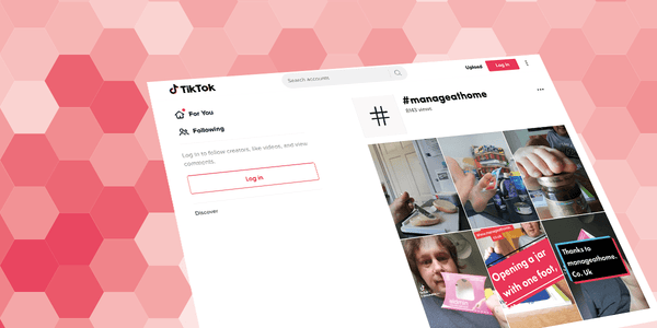 A pink hexagonal-patterned background with #manageathome tips, like jar opening and phone use, for easier home tasks.