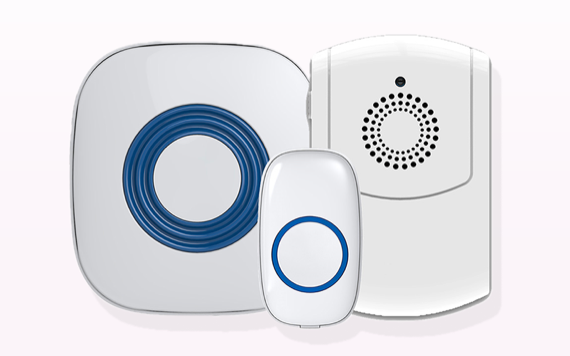 Three white home monitoring devices with blue accents: a flat square gadget with a circle, an oval device, and a vertical unit with grille.