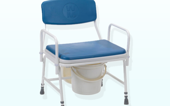 A blue cushioned commode chair with a white frame, armrests, and a removable bucket beneath the seat for accessibility.