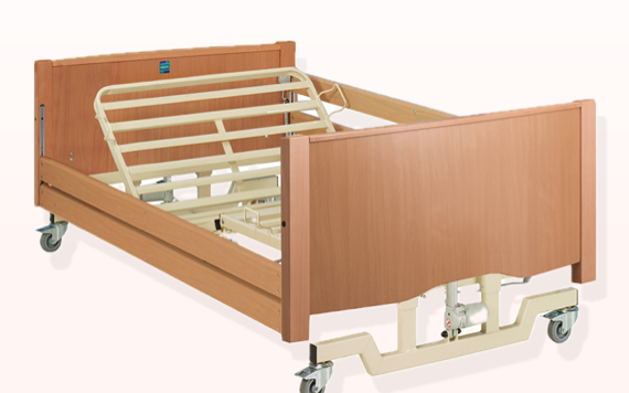 An adjustable hospital bed with a wooden headboard, metal frame, and wheels for mobility; it can elevate the backrest and knees.