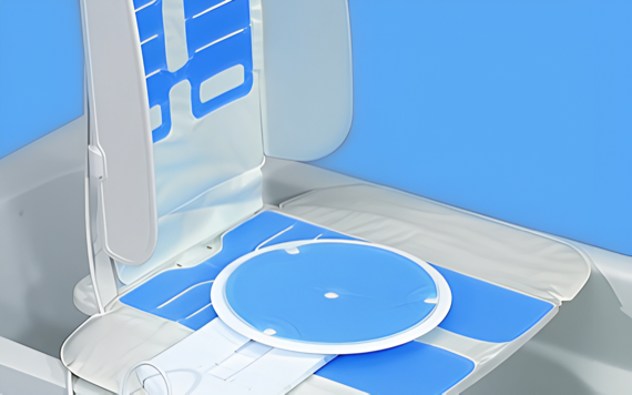 A bath lift chair with a padded seat and backrest sits in a bathtub, featuring easy-to-see controls. The background is light blue.