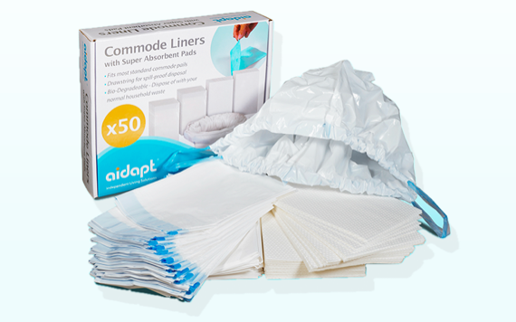 A package of 50 commode liners with absorbent pads; several are displayed, including one with a drawstring.