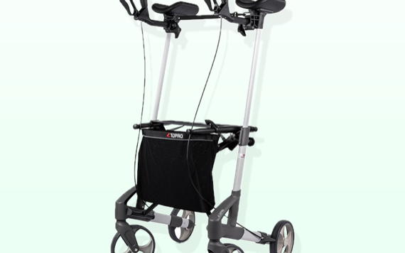 A lightweight walker with a silver frame, a padded seat and backrest, ergonomic grips, four wheels, and a black storage bag under the seat.