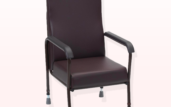 A brown padded chair with black metal arms and legs; adjustable legs; one leg has a blue rubber tip. The background is plain white.