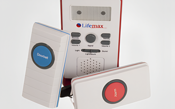 Three devices shown: a main unit with buttons and speaker, a Doorbell with blue button, and an Alarm with red button.