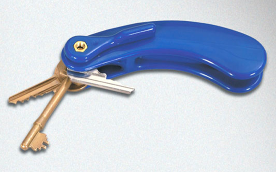 A set of keys attached to a blue ergonomic handle, designed for easy grip. The background is light gray.