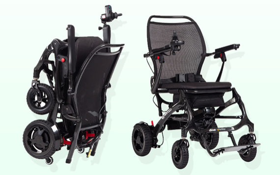 Two views of a foldable electric wheelchair: one folded compactly, the other open showing seat, armrests, and control panel.