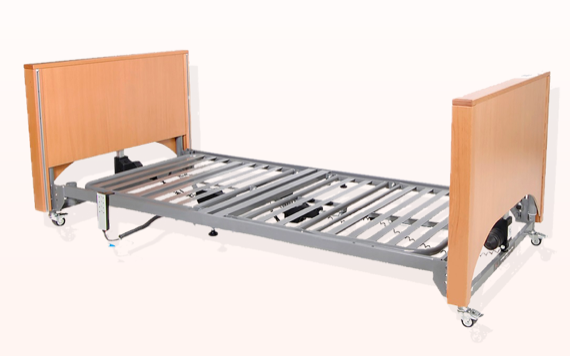 A hospital bed with adjustable metal rails, a wooden headboard and footboard on wheels, designed for medical use.