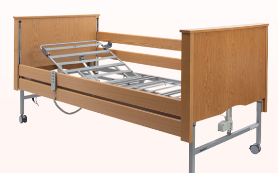 A hospital bed with wood panels and metal frame, adjustable sections, wheels for mobility, and a control mechanism.