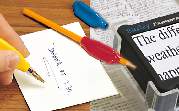 A hand writes Dinner at 4:30 on paper with a pen. Two pen caps rest nearby, alongside a magnified newspaper text view.
