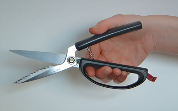 A hand is holding large black-handled kitchen scissors with silver blades against a plain white background.