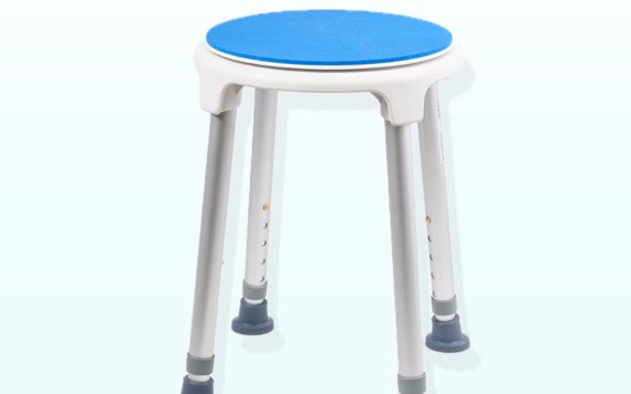 A round stool with a blue seat, white plastic frame, and four adjustable gray legs with rubber caps.