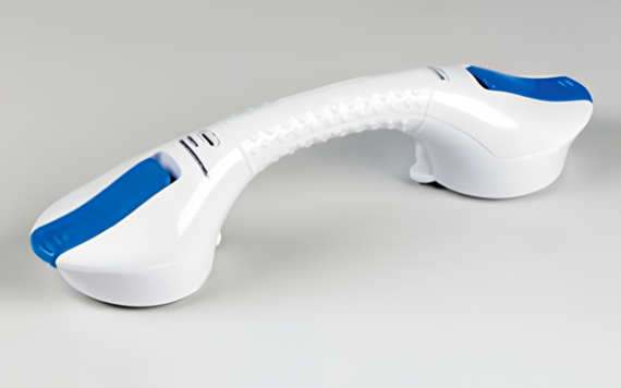 A white and blue curved grab bar with suction cups on both ends, designed for safety and support, positioned against a neutral background.