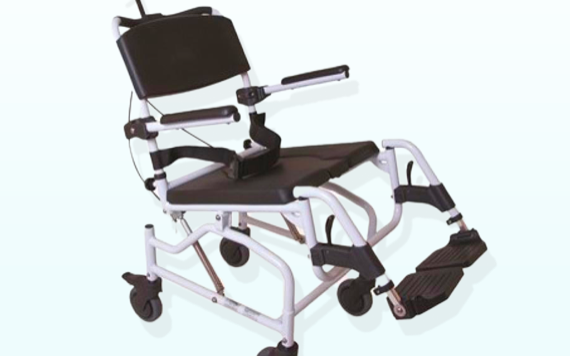 A black and white mobility chair with a backrest, armrests, footrests, and four small wheels for easy movement and support.